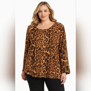 DG2 by Diane Gilman Leopard Print Long Sleeve Top in Brown and Black Size 3x